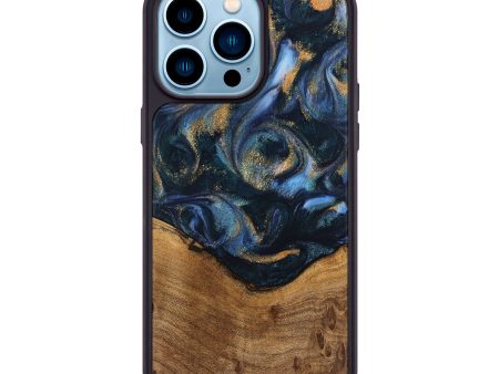 iPhone 14 Pro Max Wood Phone Case - Blinni (Teal & Gold, 745080) Online now