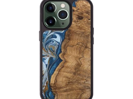 iPhone 13 Pro Wood Phone Case - Latifah (Teal & Gold, 745438) For Sale