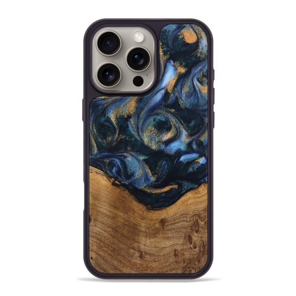 iPhone 16 Pro Max Wood Phone Case - Blinni (Teal & Gold, 745080) For Cheap