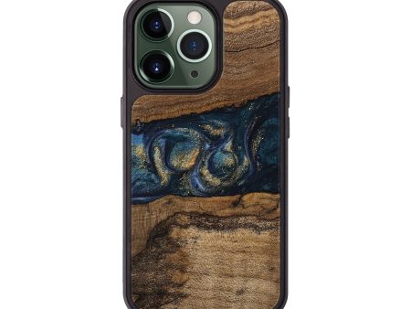 iPhone 13 Pro Wood Phone Case - Elvira (Teal & Gold, 745157) For Sale